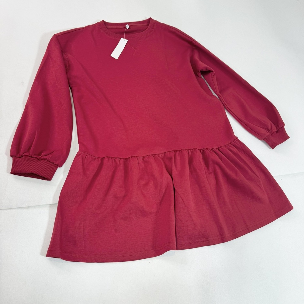 Dokuritu Dress Womens Large Red Balloon Sleeve Swing Sweater Mini Casual Tunic